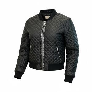 MICHAEL KORS Size Large Black Studded Womens Moto Diamond Quilted Bomber Jacket